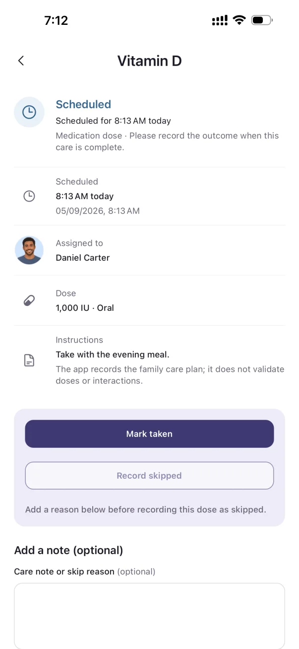 Alongside medication detail screen showing dose information, schedule, responsible caregiver and taken or skipped actions