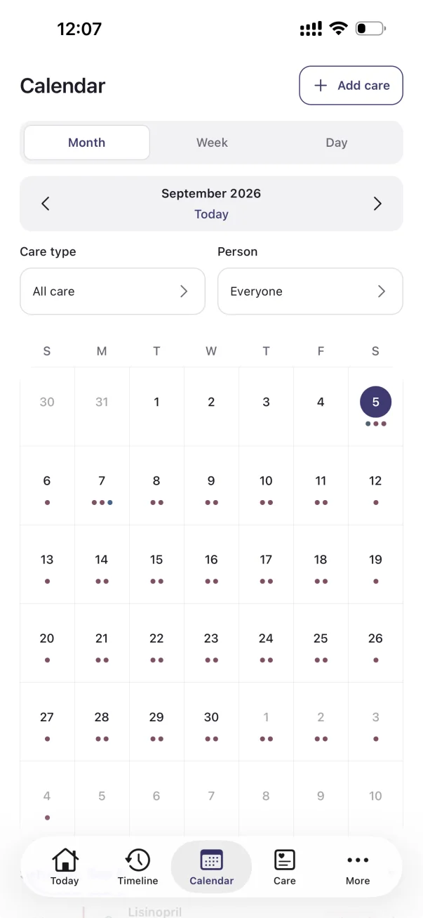 Alongside Calendar screen with month, week and day views plus care type and person filters
