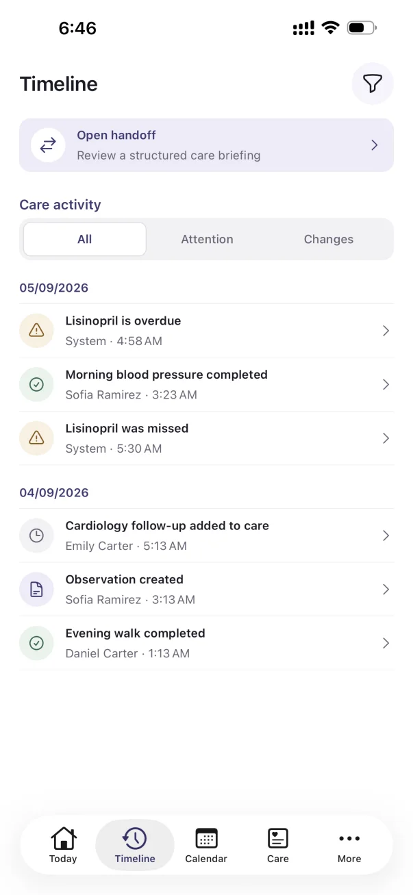 Alongside Timeline screen showing dated medication, observation, appointment and task activity