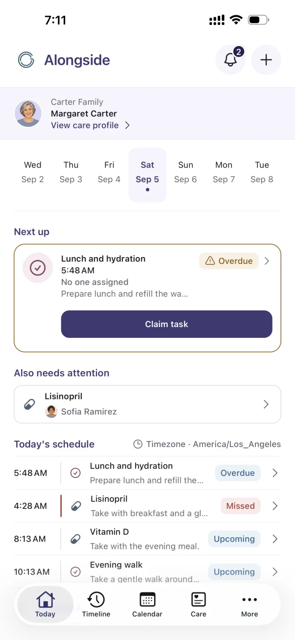 Alongside Today screen on iPhone showing the next care items and the family’s shared daily schedule