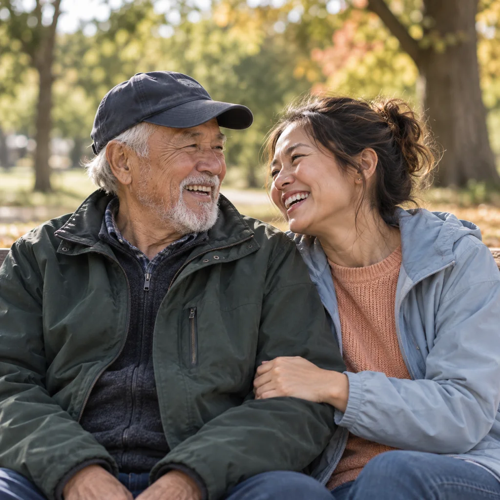A family caregiver staying close to her father