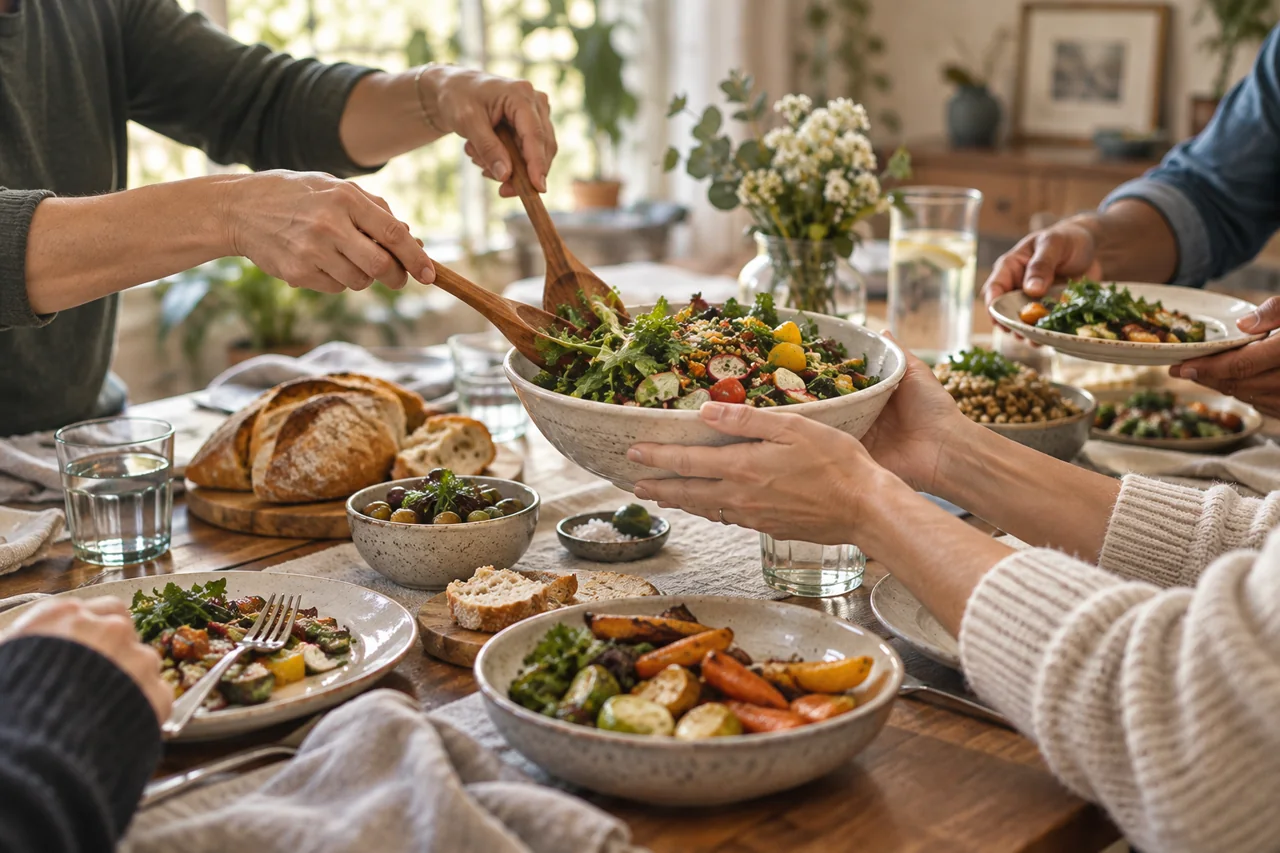 Family members serving a meal together