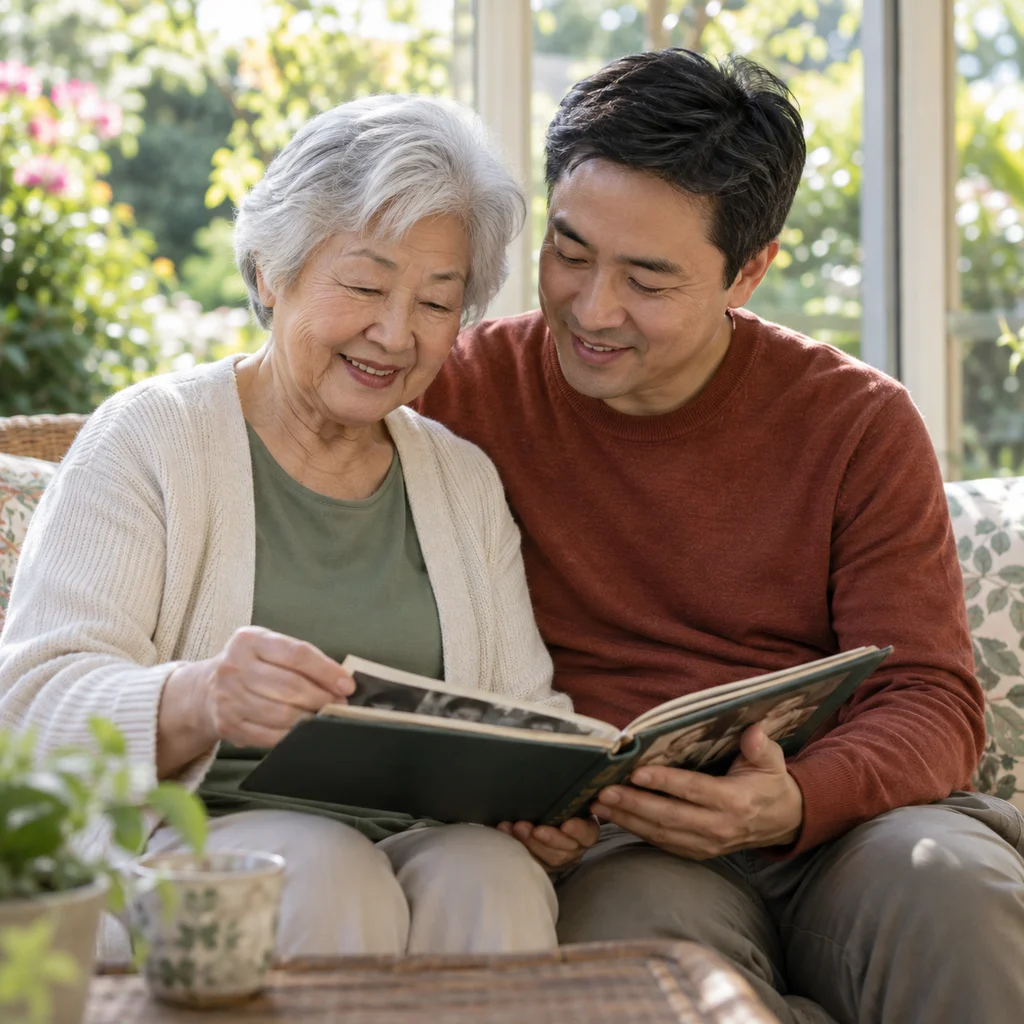 An adult son looking through a family photo album with his mother