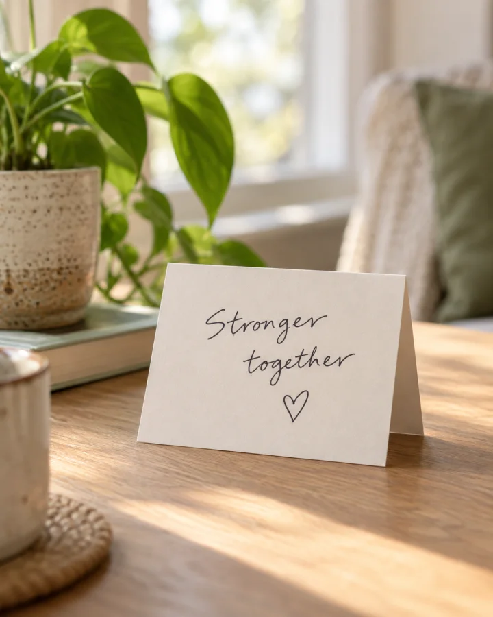 A handwritten card that says Stronger together